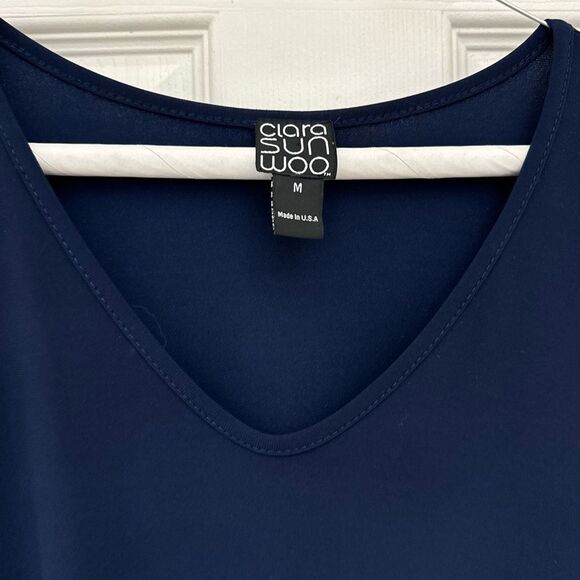 Clara Sun Woo Asymmetrical Hem Blouse Size Medium Navy Blue Flowy Artsy - Picture 3 of 4